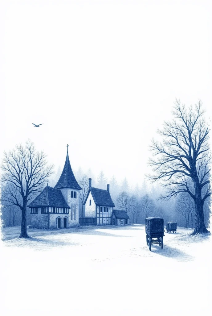 a drawing on a horizontal white background, with blue pencil marks, representing the medieval era, WITH HOUSES, trees and carriage