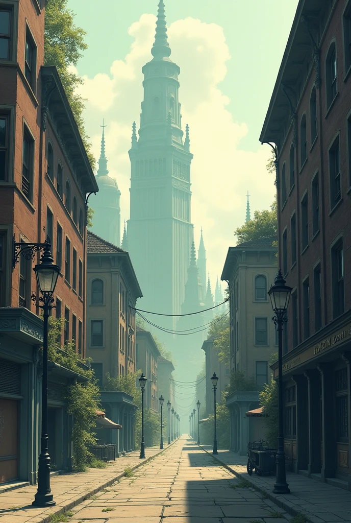 Image of a city a long time ago with no people in the image anime style photo of this same city seen from a bottom view
