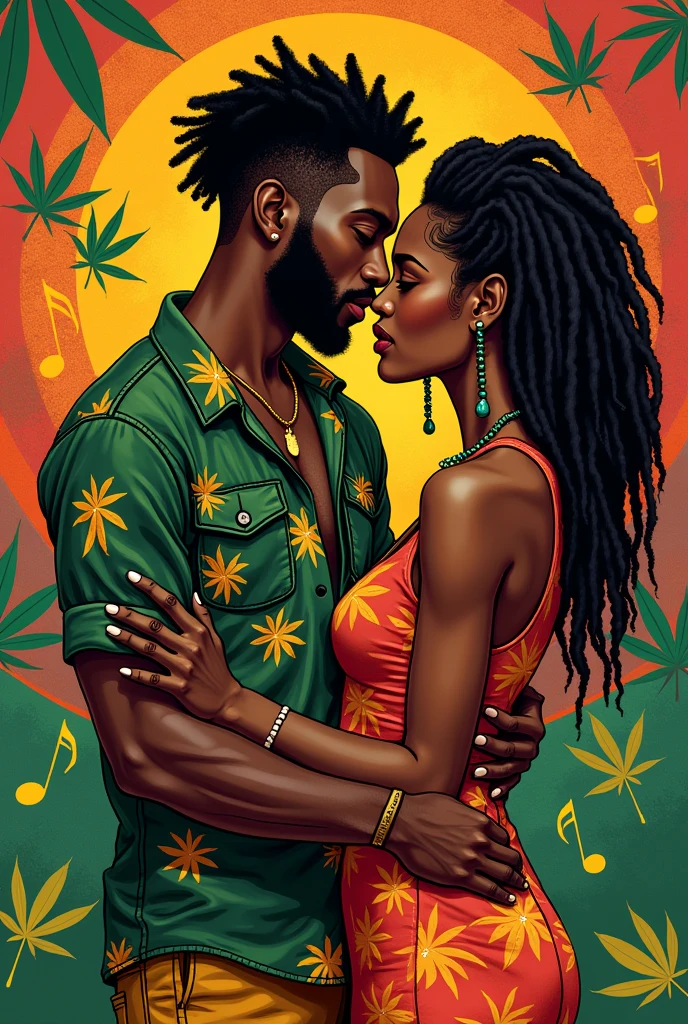 Create an image of a black man and woman and the colors and symbols of Reggae create another different image