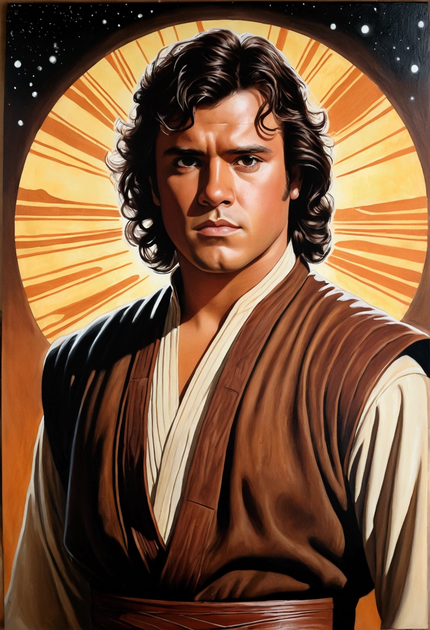 An illustrated movie poster, hand-drawn, full color, a Jedi Knight, 25-years-old, male, wearing a tunic shirt, portly figure, broad shoulders, muscular, hairy body, lost of body hair, brown eyes, brown-black hair, curly voluminous mane, sun-tanned skin, resembles Gavin Leatherwood, standing in a seedy cantina, graphite shading, stencil marks, airbrushed acrylic paint, masterpiece, in the style of Drew Struzan