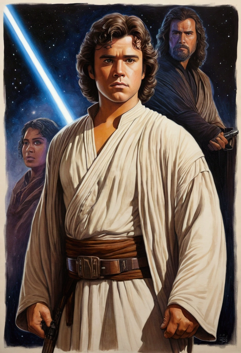 An illustrated movie poster, hand-drawn, full color, a Jedi Knight, 25-years-old, male, wearing a tunic shirt, portly figure, broad shoulders, muscular, hairy body, lost of body hair, brown eyes, brown-black hair, curly voluminous mane, sun-tanned skin, resembles Gavin Leatherwood, standing in a seedy cantina, graphite shading, stencil marks, airbrushed acrylic paint, masterpiece, in the style of Drew Struzan
