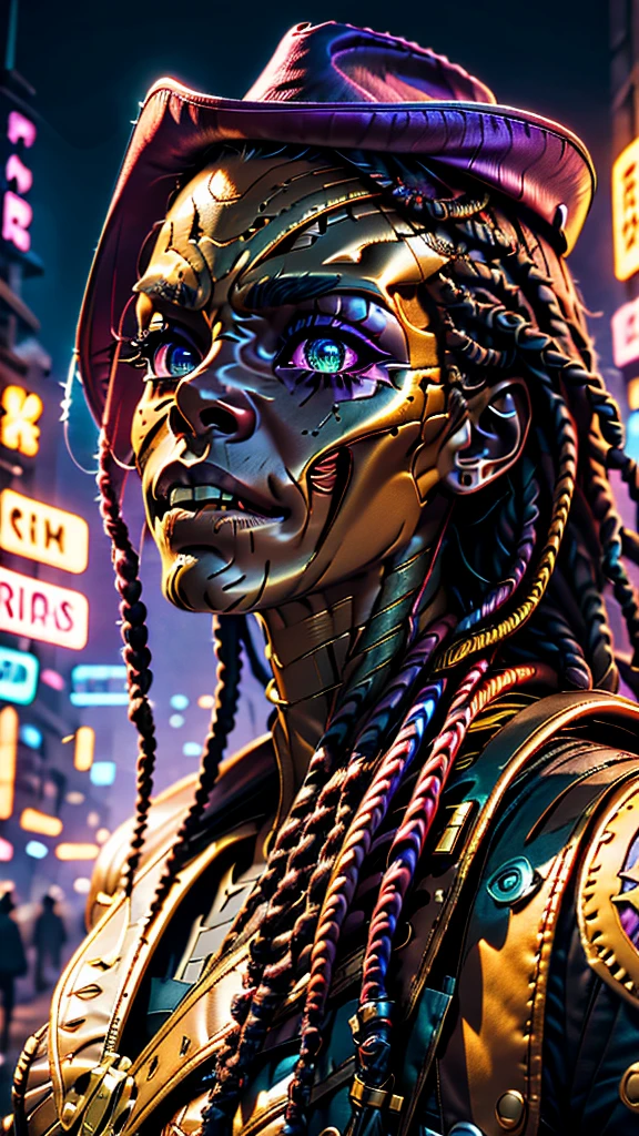 "(Best quality, high resolution), (African American)(villan)close up of warrior demon's upper body,red skin with surging gold text and cracks,(detailed 1:1)(vivid colors 1:1)(contrasting background 1:1) graphic art style,  detailed purple eyes, (wrinkles) (majestic and dynamic dreadlocks)