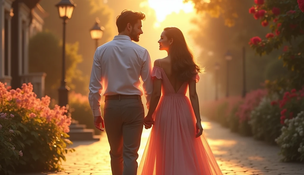 a young couple walking hand-in-hand down a beautiful boulevard with flowers, morning golden hour, the woman's head tenderly resting on the man's shoulder, (best quality,4k,8k,highres,masterpiece:1.2),ultra-detailed,(realistic,photorealistic,photo-realistic:1.37),intricate details,hyper-realistic,warm lighting,soft focus,romantic,dreamy,cinematic,detailed facial features,beautiful eyes,elegant hairstyles,flowing dress,dappled sunlight,lush foliage,cobblestone street,ornate architecture,atmospheric