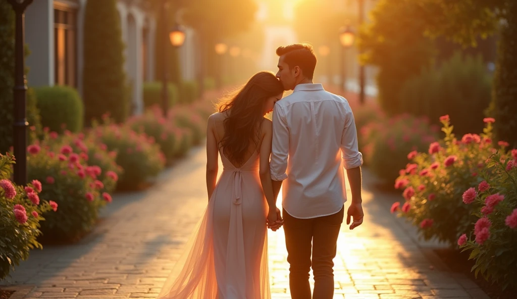 a young couple walking hand-in-hand down a beautiful boulevard with flowers, morning golden hour, the woman's head tenderly resting on the man's shoulder, (best quality,4k,8k,highres,masterpiece:1.2),ultra-detailed,(realistic,photorealistic,photo-realistic:1.37),intricate details,hyper-realistic,warm lighting,soft focus,romantic,dreamy,cinematic,detailed facial features,beautiful eyes,elegant hairstyles,flowing dress,dappled sunlight,lush foliage,cobblestone street,ornate architecture,atmospheric