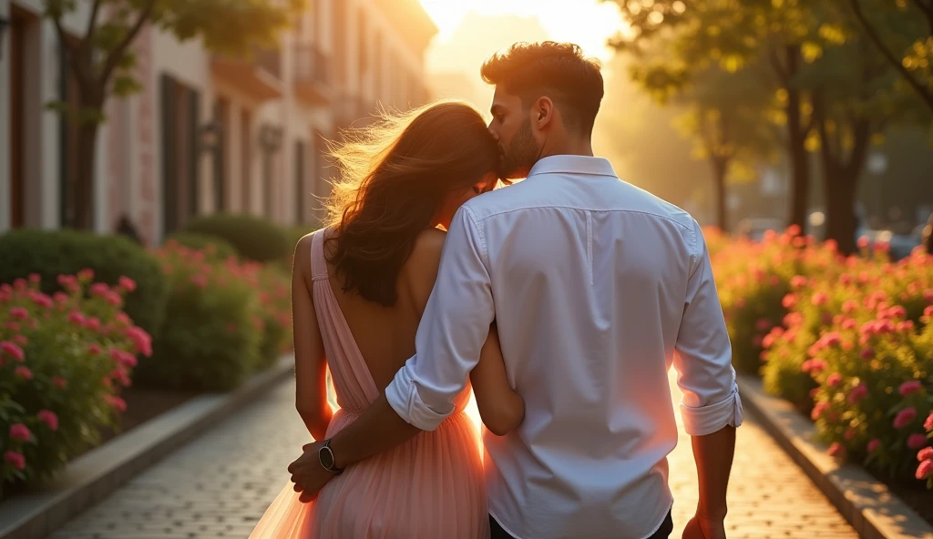a young couple walking hand-in-hand down a beautiful boulevard with flowers, morning golden hour, the woman's head tenderly resting on the man's shoulder, (best quality,4k,8k,highres,masterpiece:1.2),ultra-detailed,(realistic,photorealistic,photo-realistic:1.37),intricate details,hyper-realistic,warm lighting,soft focus,romantic,dreamy,cinematic,detailed facial features,beautiful eyes,elegant hairstyles,flowing dress,dappled sunlight,lush foliage,cobblestone street,ornate architecture,atmospheric
