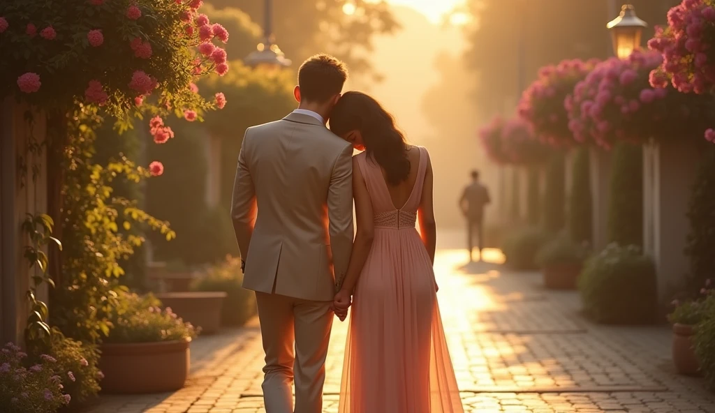 a young couple walking hand-in-hand down a beautiful boulevard with flowers, morning golden hour, the woman's head tenderly resting on the man's shoulder, (best quality,4k,8k,highres,masterpiece:1.2),ultra-detailed,(realistic,photorealistic,photo-realistic:1.37),intricate details,hyper-realistic,warm lighting,soft focus,romantic,dreamy,cinematic,detailed facial features,beautiful eyes,elegant hairstyles,flowing dress,dappled sunlight,lush foliage,cobblestone street,ornate architecture,atmospheric