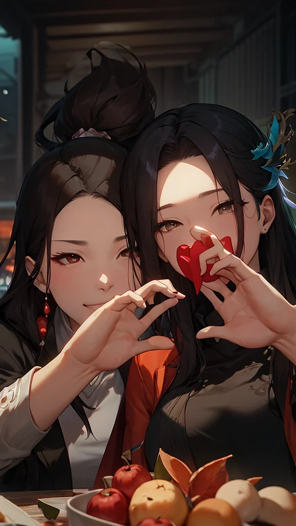 there are two people making a heart with their hands, ruan jia and brom, jordan grimmer and natasha tan, tyler edlin and natasha tan, ruan jia and fenghua zhong, lovely couple, #oc, # oc, ❤🔥🍄🌪, profile pic, they are in love, profile photo, tumblr, couple pose, couple, ((young)), (((red christmas hat))), Masterpiece, Best quality, Christmas, high resolution, Christmas, Snow, ((2d anime)), ((Snow in the background))