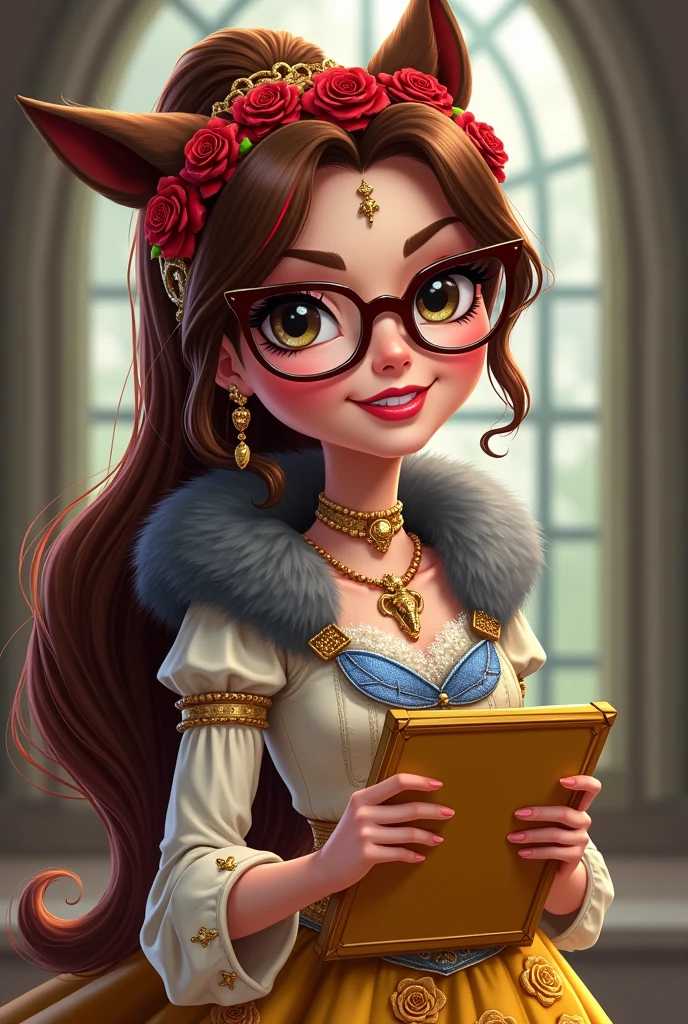 Imagem da filha da Ramona Badwof e da Rosabella Beauty de Ever After High: A long wavy brown ponytail with red streaked bangs, first of all, light brown eyes, brown glasses with a red rose, long white blouse with blue, with red roses on the blouse and sleeves, yellow skirt with golden roses, a faux fur collar around the neck of gray color, wolf earrings, wolf necklace,brown high heel boots with roses, golden flower tiara on head, You have to be holding a yellow tablet with red roses in your hands, You have to have red highlights in your hair, cannot have wolf ears on the head and in the hair, without wolf ears, I don't want her to have wolf ears