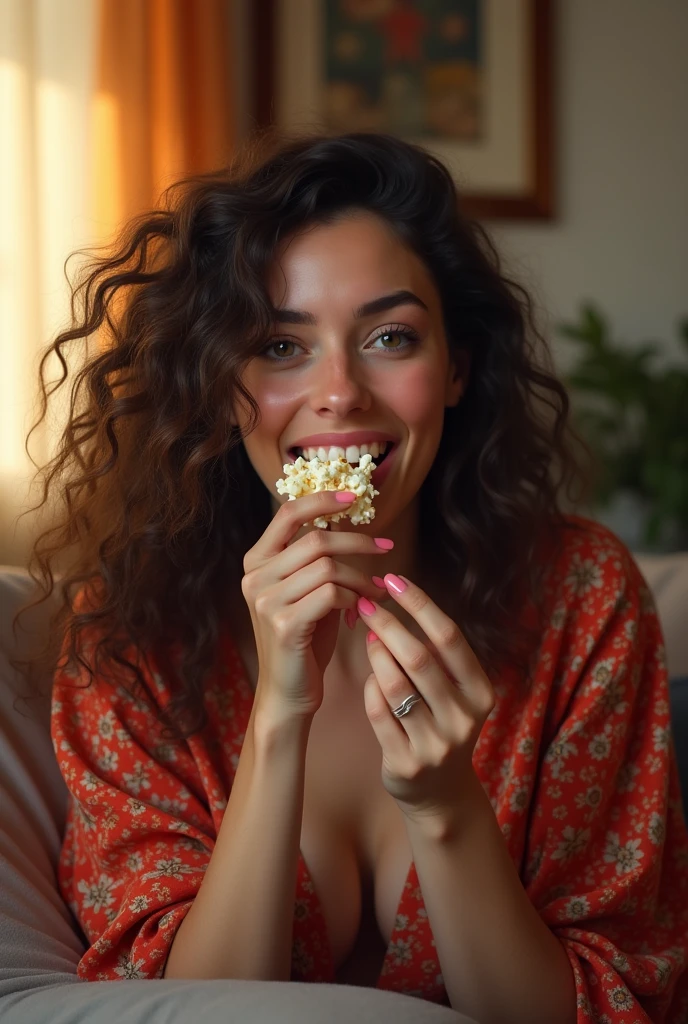 (photorealism:1.2), beautiful woman, ( colorful home clothes ), biting nails, at home, living room, eating popcorn, long curly hair, indoors, soft lighting, relaxed pose, realistic, intricate details, warm colors, 