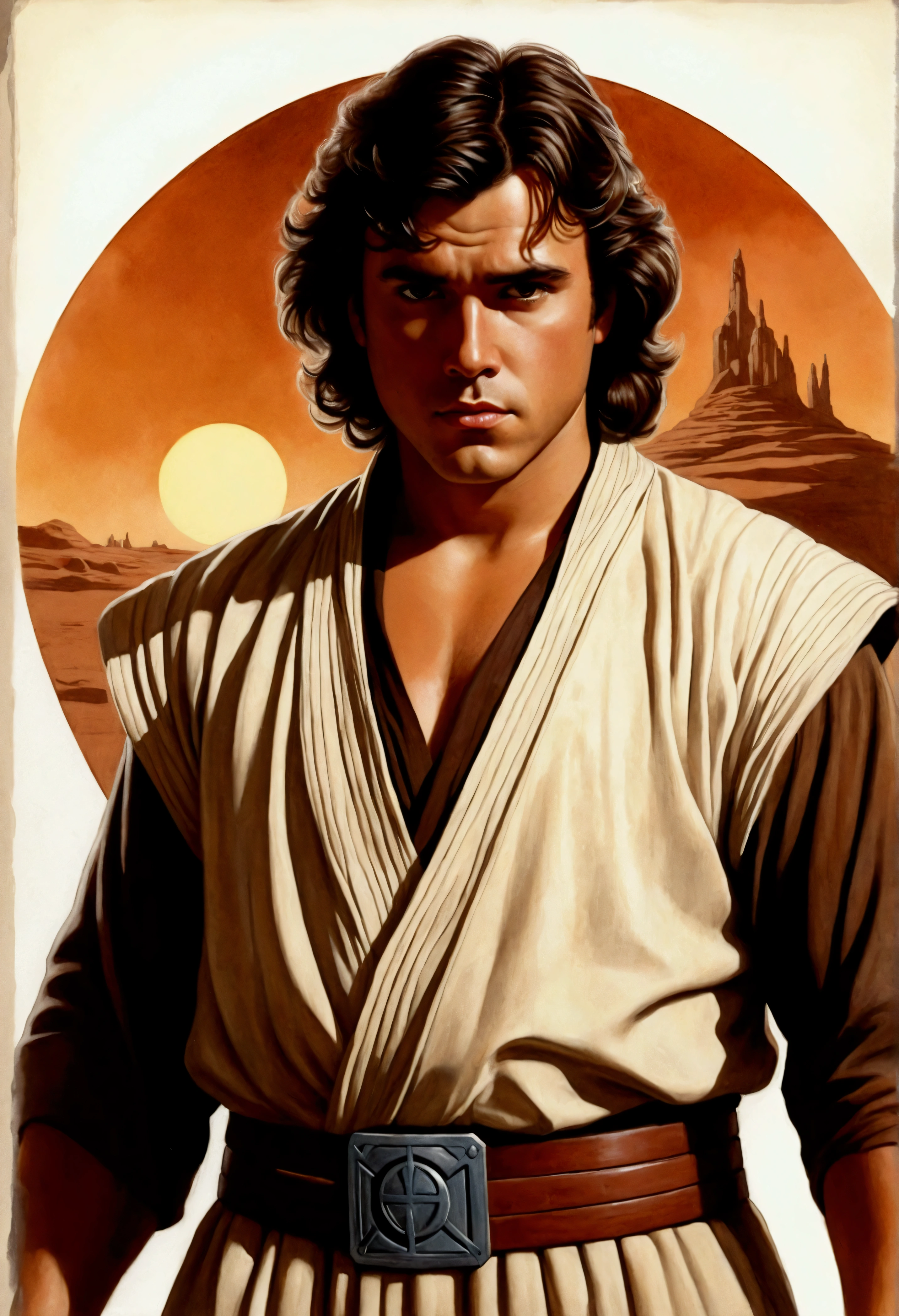 An illustrated movie poster, hand-drawn, full color, a Jedi Knight, 25-years-old, male, wearing a tunic shirt, portly figure, broad shoulders, muscular, hairy body, lost of body hair, brown eyes, brown-black hair, curly voluminous mane, sun-tanned skin, resembles Gavin Leatherwood, standing in a seedy cantina, graphite shading, stencil marks, airbrushed acrylic paint, masterpiece, in the style of Drew Struzan