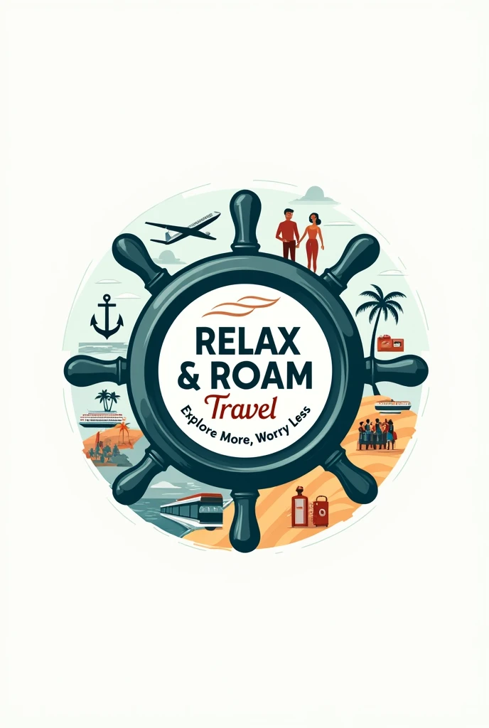 make me a clean, elegant logo of relax & roam travel with a vibe of relaxing vacations, anchor, cruise ship, travelers, guests, tour guides, island, travel bags, airplane, bus, sea water and the name of the company which is RELAX & ROAM TRAVEL and it's slogan "explore more, worry less" inside of a one steering wheel, like LOGO, the elements should be detailed and understandable