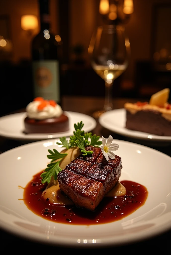 Create me an image of foods like
Main Course:
Dish: "Seared Duck Breast with Port Wine Reduction"
Wine Pairing: "Pinot Noir with rich berry notes"
Dessert:
Dish: "Dark Chocolate Mousse with Sea Salt Caramel"
Wine Pairing: "Late Harvest Riesling with a sweet, honeyed finish"
Vegetarian Option: "We offer equally exquisite vegetarian options upon request."