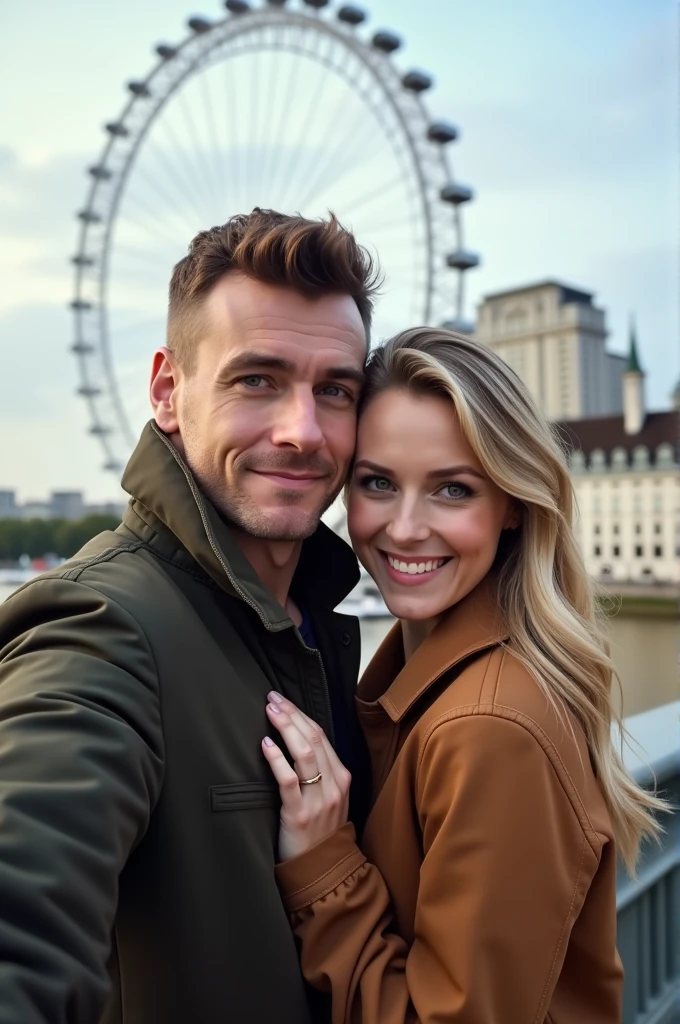 A couple hugging in front of the London Eye,  taking a profile selfie man brown hair and eyes, with old money style haircut, blonde woman with green eyes 8k ultra realistic photorealistic 