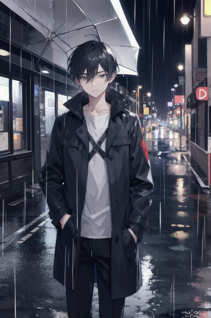 1boy,night city,rain,coat,hands in pockets