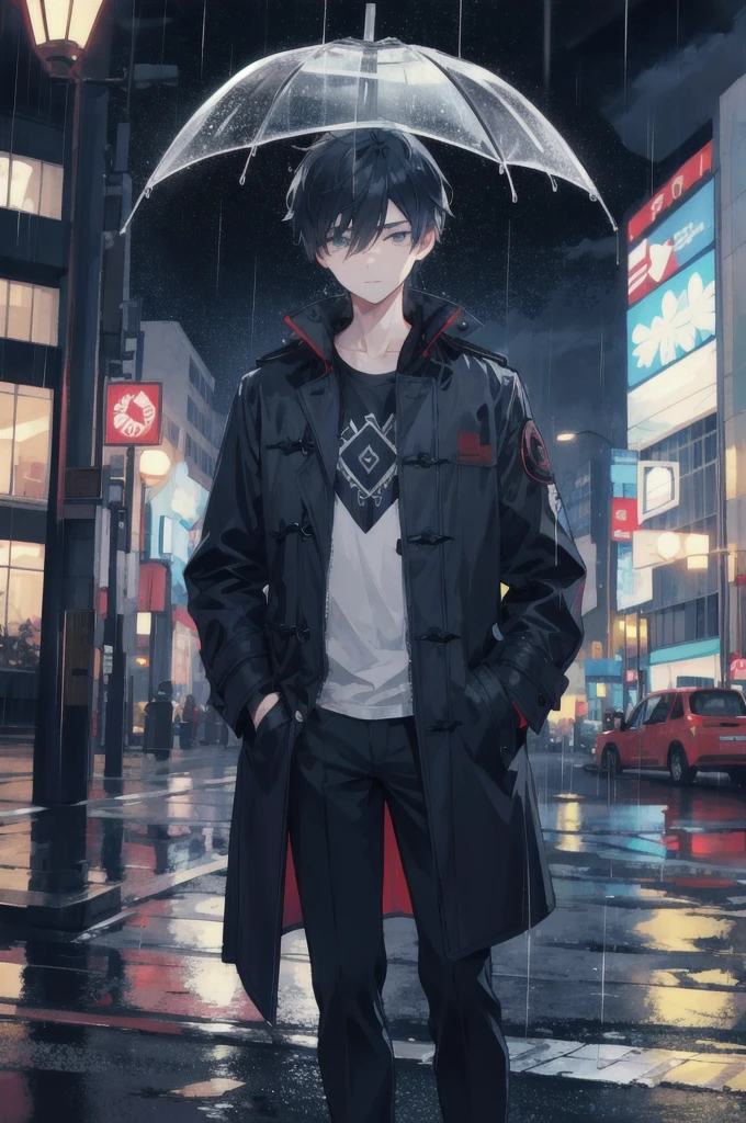 1boy,night city,rain,coat,hands in pockets
