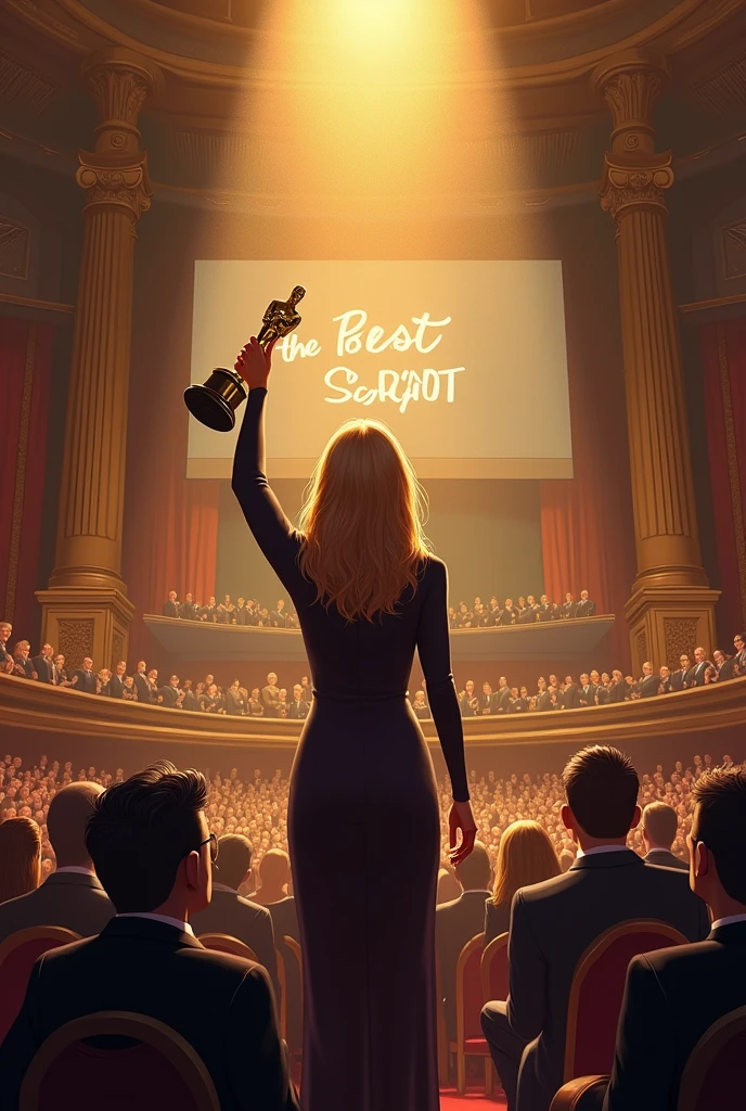 Create an drawing where a woman stands on the stage while the oscar contest, holding an oscar statuate in her hand for the best script to the movie and behind her is screen with text,, for the best script ". The woman is standing i front of pov. The size of the drawing is horizontally and the pov is from the viever who sits and the end of the hall, the woman is in front of his eyes and the audience is also on the picture in front of the viever. Make the hall seem bigger and more prestige. Woman have dark blond hair..