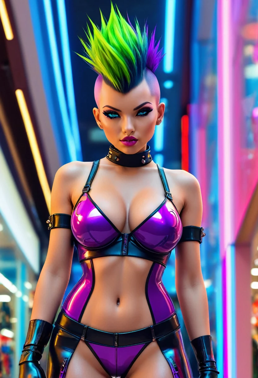 A neo punk beauty with a perfect body, green mohawk hairstyle, firm breasts in a tight leather bra and hot pants made of shiny purple latex material, she is in a shopping mall looking at a neon lightened shop window that displayed stylish knives for self defence, hyper detailed, CGI, warm colors, natural shadowing, amazing futuristic design