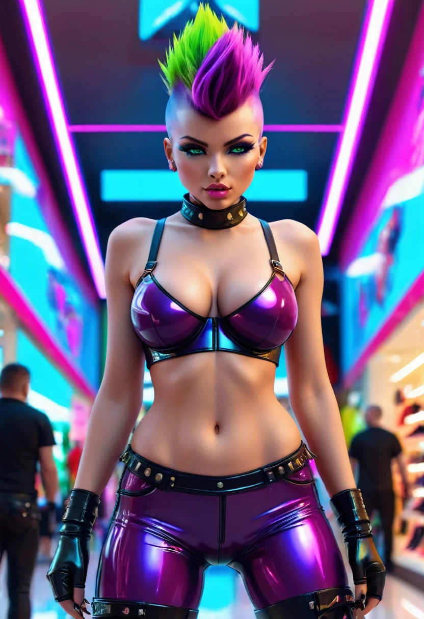 A neo punk beauty with a perfect body, green mohawk hairstyle, firm breasts in a tight leather bra and hot pants made of shiny purple latex material, she is in a shopping mall looking at a neon lightened shop window that displayed stylish knives for self defence, hyper detailed, CGI, warm colors, natural shadowing, amazing futuristic design