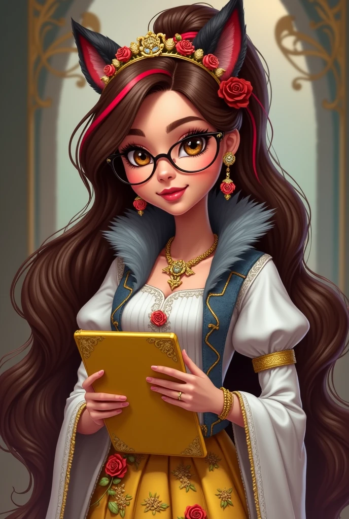 Imagem da filha da Ramona Badwof e da Rosabella Beauty de Ever After High: A long wavy brown ponytail with red streaked bangs, first of all, light brown eyes, brown glasses with a red rose, long white blouse with blue, with red roses on the blouse and sleeves, yellow skirt with golden roses, a faux fur collar around the neck of gray color, wolf earrings, wolf necklace,brown high heel boots with roses, golden flower tiara on head, You have to be holding a yellow tablet with red roses in your hands, You have to have red highlights in your hair, cannot have wolf ears on the head and in the hair, without wolf ears, I don't want her to have wolf ears