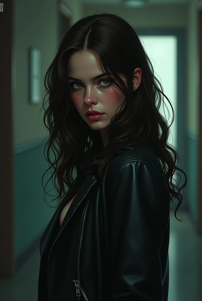 create the illustration in the digital illustration style inspired by the GTA V loading screens of a young woman who looks 1, very dark brown wavy hair, large divided sideways, very white skin and slightly pink cheeks and light green eyes, wearing leather jacket, your fatal and sexy and serious look, Her sexy expression, low lighting. thriller atmosphere. Background of a university hallway in the dark music room