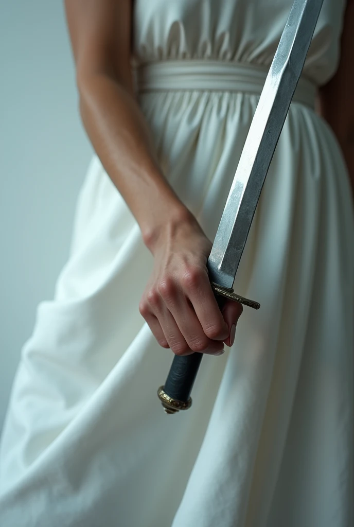A left female hand facing forward holding a dagger on a white mattress, where the hand is seen completely up to the woman's forearm.