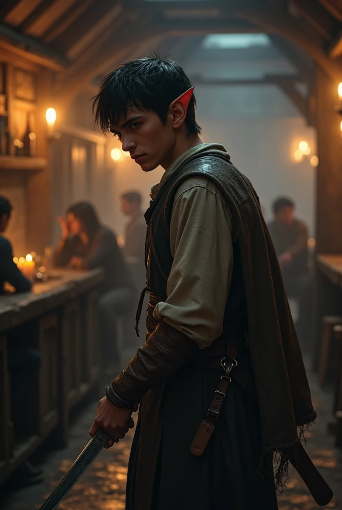 A young dark-haired man in a tavern wearing a standard outfit, this young man is half elf with a knife