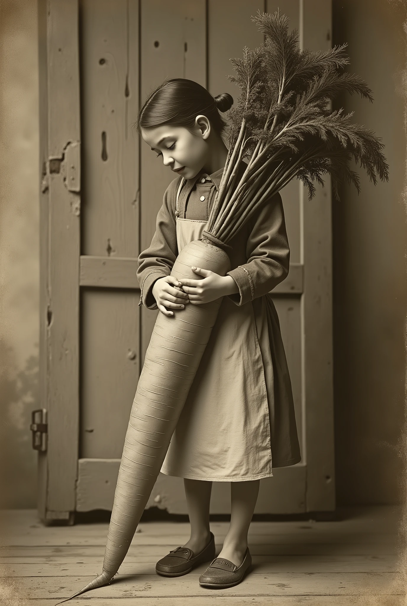 An old photo of a girl carrying a one-meter carrot