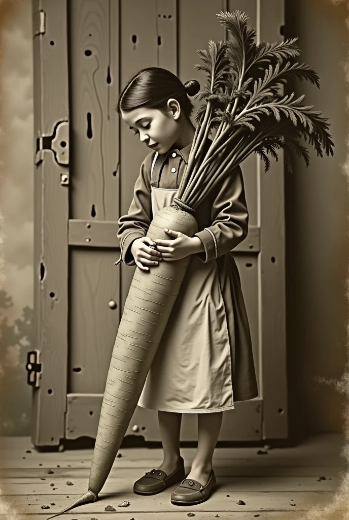 An old photo of a girl carrying a one-meter carrot 