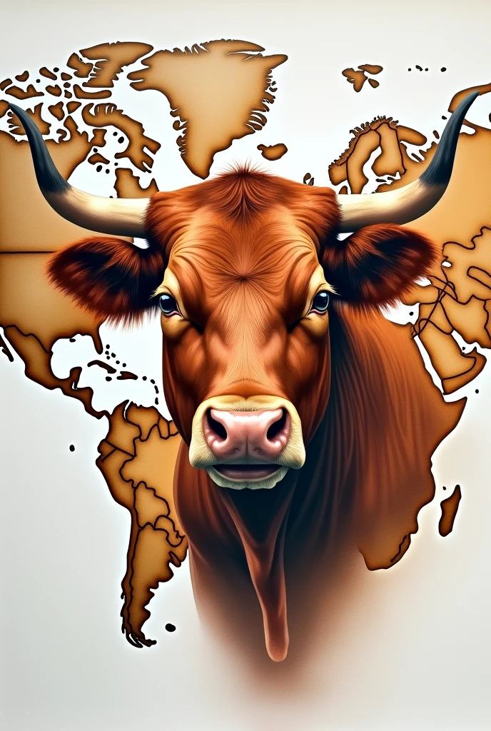 A REALISTIC PAINTING OF A LIMOUSIN BULL'S FACE on a large world map, water colour , modern abstract,high resolution,high qualiy,