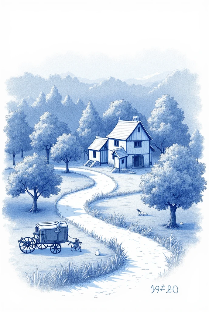 a drawing on a white background, with blue pencil marks, representing the medieval era, WITH HOUSES, many trees with leaves and carriage