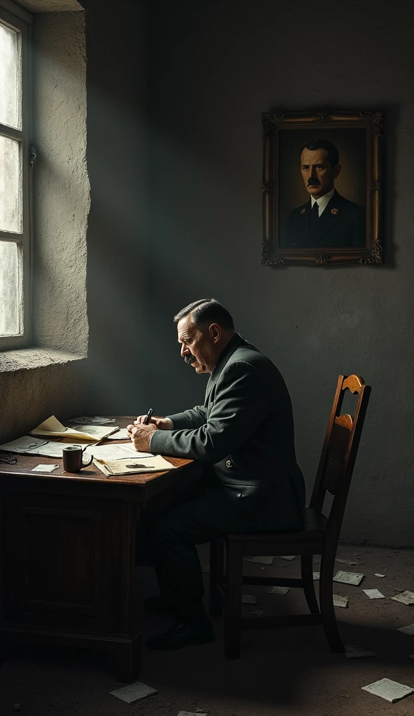 A dimly lit and claustrophobic scene inside Hitler's bunker, with the Führer sitting at a table, contemplating his defeat. Papers are scattered across the desk, and a portrait of Hitler hangs on the wall, its frame askew.