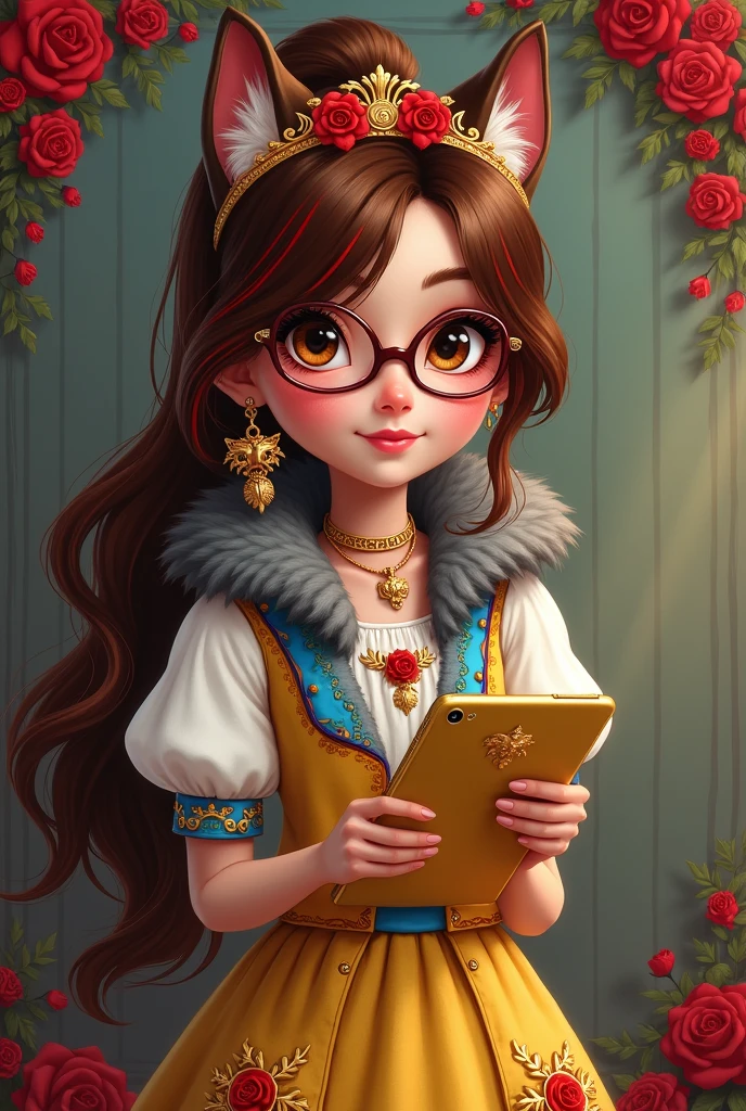 Imagem da filha da Ramona Badwof e da Rosabella Beauty de Ever After High: A long wavy brown ponytail with red streaked bangs, first of all, light brown eyes, brown glasses with a red rose, long white blouse with blue, with red roses on the blouse and sleeves, yellow skirt with golden roses, a faux fur collar around the neck of gray color, wolf earrings, wolf necklace,brown high heel boots with roses, golden flower tiara on head, You have to be holding a yellow tablet with red roses in your hands, You have to have red highlights in your hair, cannot have wolf ears on the head and in the hair, without wolf ears, I don&#39;t want her to have wolf ears 