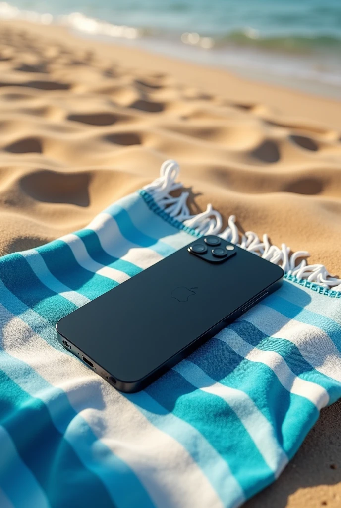 (photorealism:1.2), a black iPhone 15 max on a beach towel, taken from above