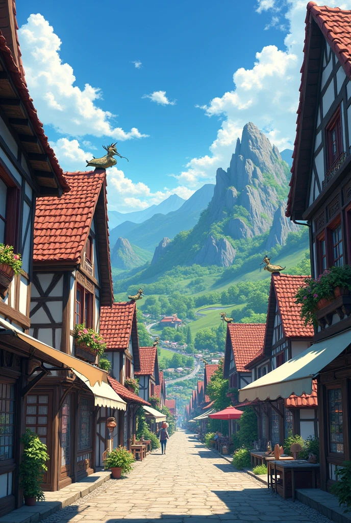 Anime-style medieval town seen from below