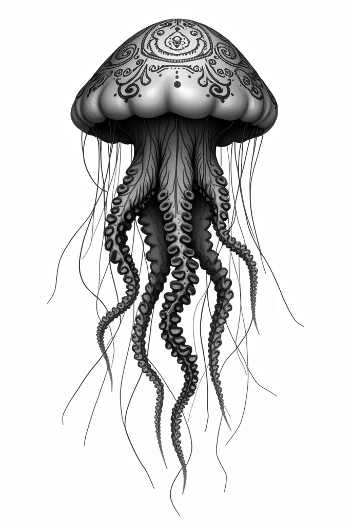 a png of a jellyfish with an octopus on its head tattooed in black and white only