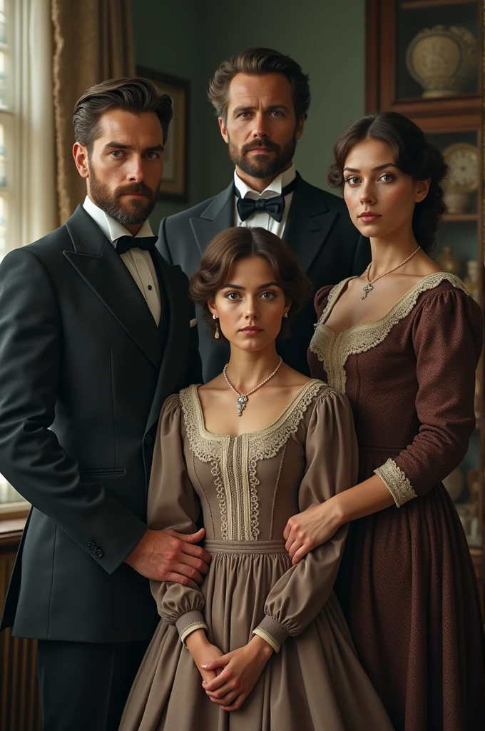 Create an image of five people, in 1892, in the nineteenth century. They are between 30 and 40 years old. it's two men, two twin women and one woman