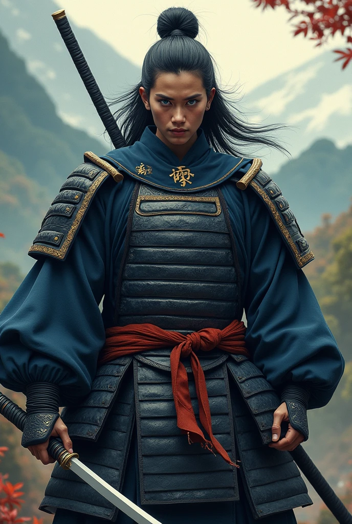 Samurai with blue eyes and Asian facial features 