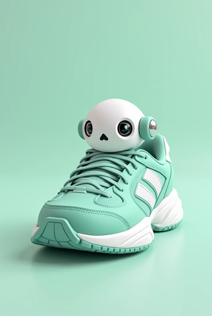Create a tennis shoe in aqua green and white, with a robot face on the front of the tennis.