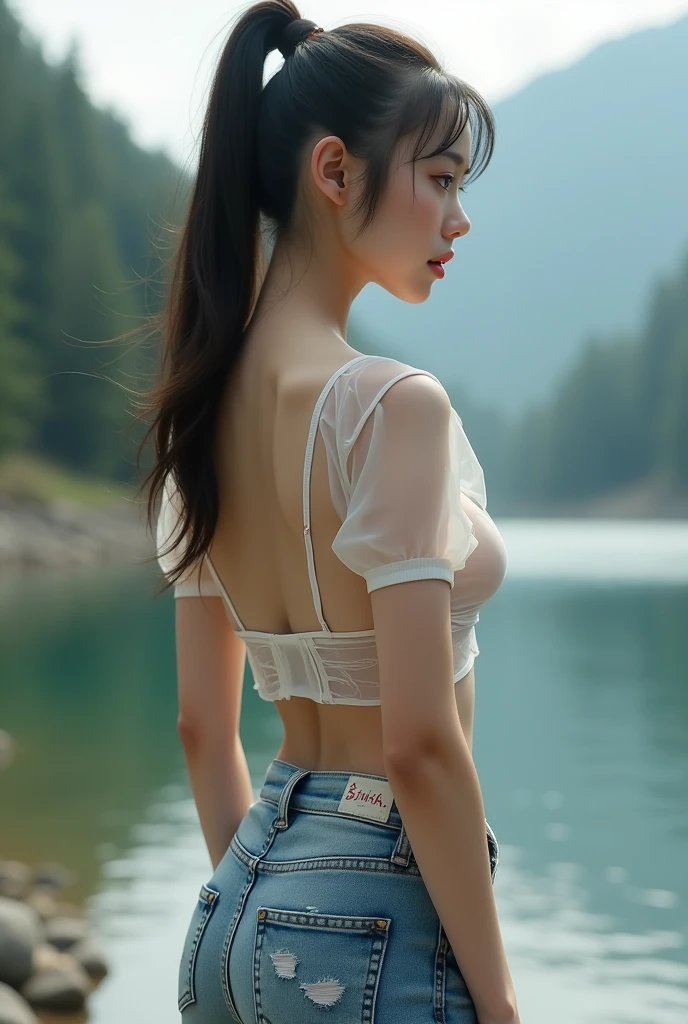 realist, photorealistic, 16K HD, masterpiece: 1.5, focus: 1.8, Asian woman Allard with crop top, long skinny jeans and sheer short sleeves, bottom: 1.5 (foot of the mountain, by the current, have a date), cute schoolgirl with delgado and perfect figure, ( Elegant High Ponytail Hairstyle: 1.5), A  Japanese girl wearing long skinny jeans, wearing scratched tight long jeans (low waist crop top, micro-campanado, long pants: 1.5), (scratched : 0.6), (Branded jeans: 1.5, Jeans texture and stripes with realistic details: 0.8, Jeans with realistic grainy details: 0.8), wearing elegant short sleeves, transparent and tight (Brand: 1.5, delgado, realistic perspective: 1.5, revealing breasts and areola: 1.5), Wear stiletto sandals (Crystal band sandals with delicate stiletto heels, high quality: 1.2), surreal schoolgirl, dressed as a schoolgirl, surreal schoolgirl, Realistic schoolgirl, walking, schoolgirl posing, Model pose, Session have a date, Disparo de Whole body ((Whole body: 1.8)), beautiful skin, shiny skin, delgado beautiful thighs, perfect thighs, perfect calves, white and tender toes, beautiful breasts: 1.5, beautiful breasts: 1.5, beautiful buttocks: 1.5, Best Quality, White skin, real skin, (detailed face), goose egg face, pores, super high resolution, (8k, raw photo, photorealistic:1.4), 1 girl, delgado, (smile, Teeth and tongue exposed: 1.2, looking at the viewer with a serene goddess gaze, happiness: 1.2), ( lipgloss, eyelashes, bright face, Best Quality, ultra high resolution, Ample lighting, natural shadows), Session, have a date, Disparo de Whole body: 1.8  