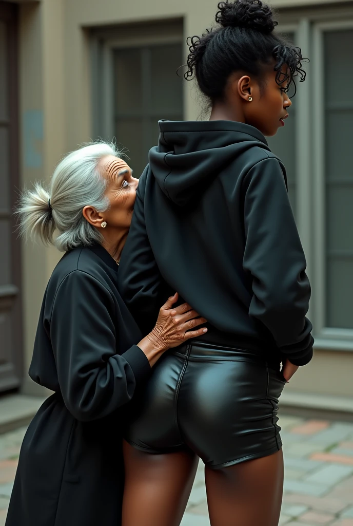 black woman hair in a bun black hoodie black leather short shorts rea;;y in shock as a old grandma in a dress on her knees kissing her ass behind her hand is in her ass holding her ass
