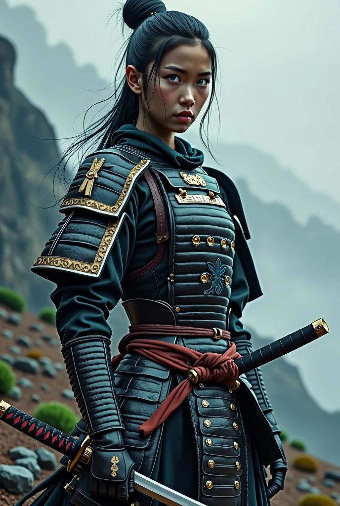 Samurai girl with blue eyes and asian facial features
