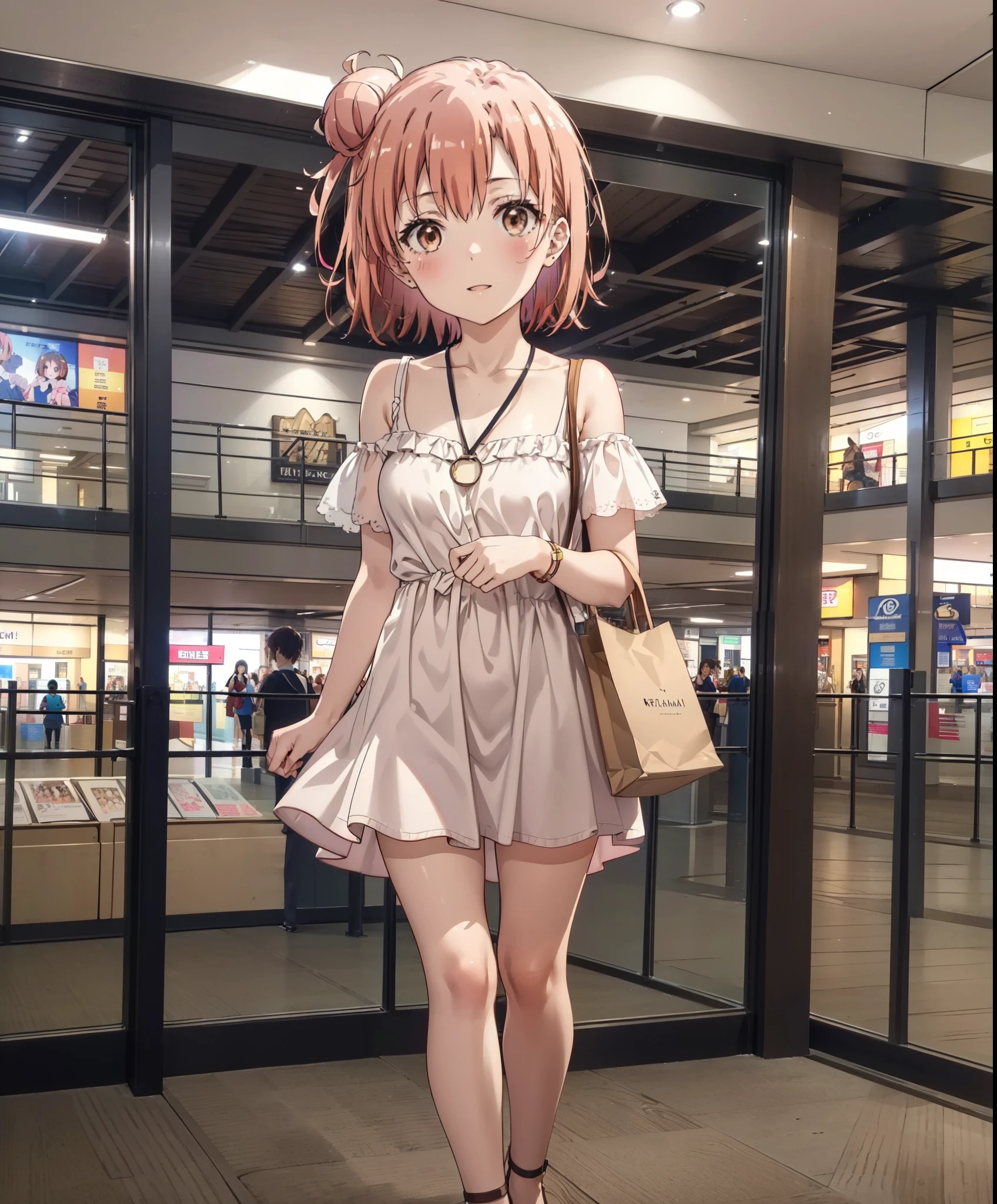 yuiyuigahama, yui yuigahama, short hair, (Brown eyes:1.5), (Pink Hair:1.2), Hair Bun, single Hair Bun,Big Breasts,smile,blush,Open your mouth,Off-the-shoulder dress,Bare shoulders,bare clavicle,Bare neck,Rocket Pendant,mini skirt,Cute heeled sandals,Daytime,Clear skies,Walking,whole bodyがイラストに入るように,
break indoors,Shopping mall,
break looking at viewer, whole body,
break (masterpiece:1.2), Highest quality, High resolution, unity 8k wallpaper, (figure:0.8), (Beautiful attention to detail:1.6), Highly detailed face, Perfect lighting, Highly detailed CG, (Perfect hands, Perfect Anatomy),