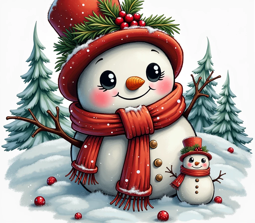 create a clipart CUTE snowman, christmas, white background. hd
