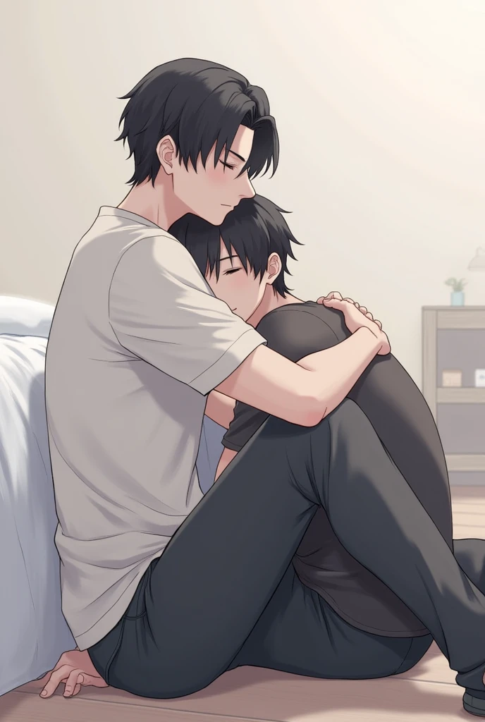 A 170cm tall man with short black hair parted in the middle is sitting on the floor, leaning against the bed.、An illustration showing the whole body of a man sitting on the man's lap with a man with medium-length hair and a height of 163 cm, burying his face in his shoulder and embracing him closely.