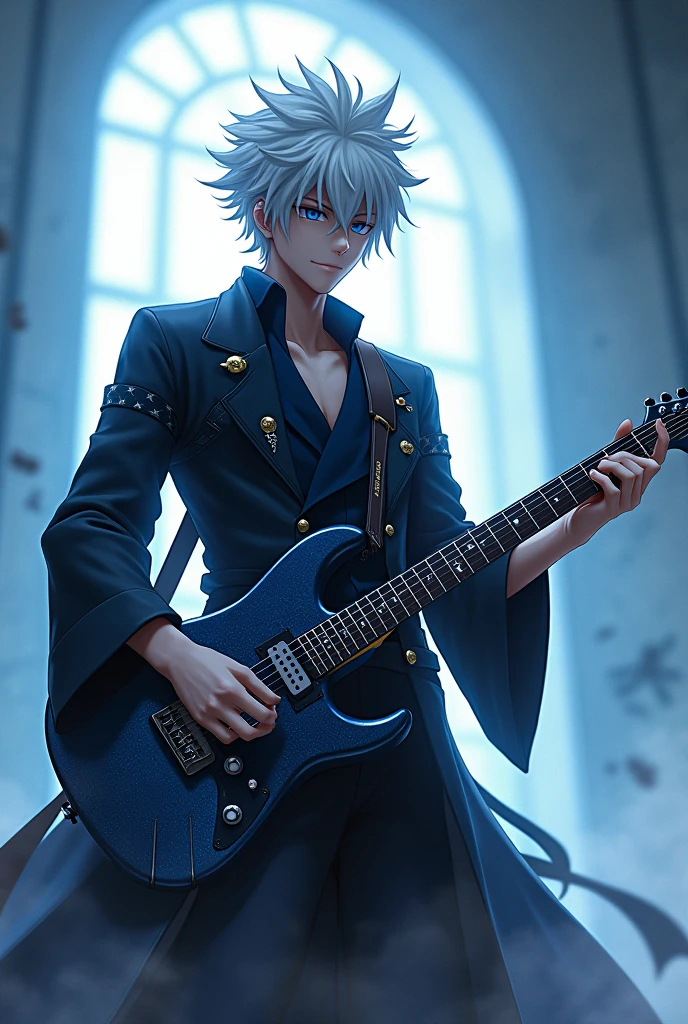 The anime Gojo Saturo while holding a guitar 