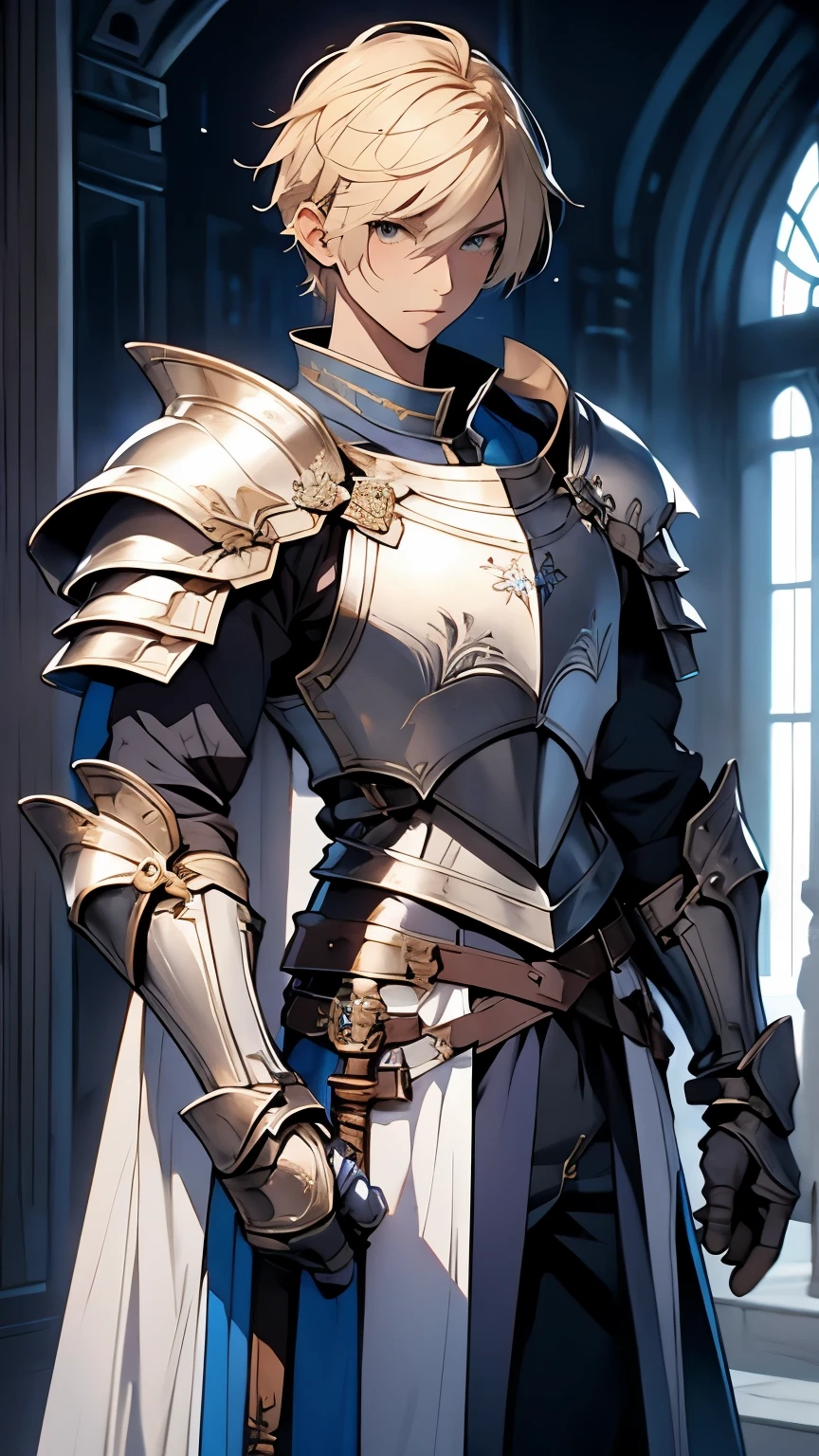 Blonde short hair、Male knight、prince、Blue armor、White decoration、Holding the Holy Sword