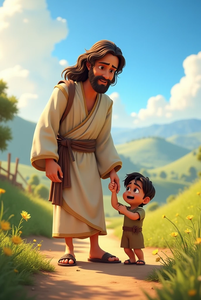 A 3D movie poster in Disney-Pixar style of Jesus as a  kid and one boy broke his ankle and he went to help him