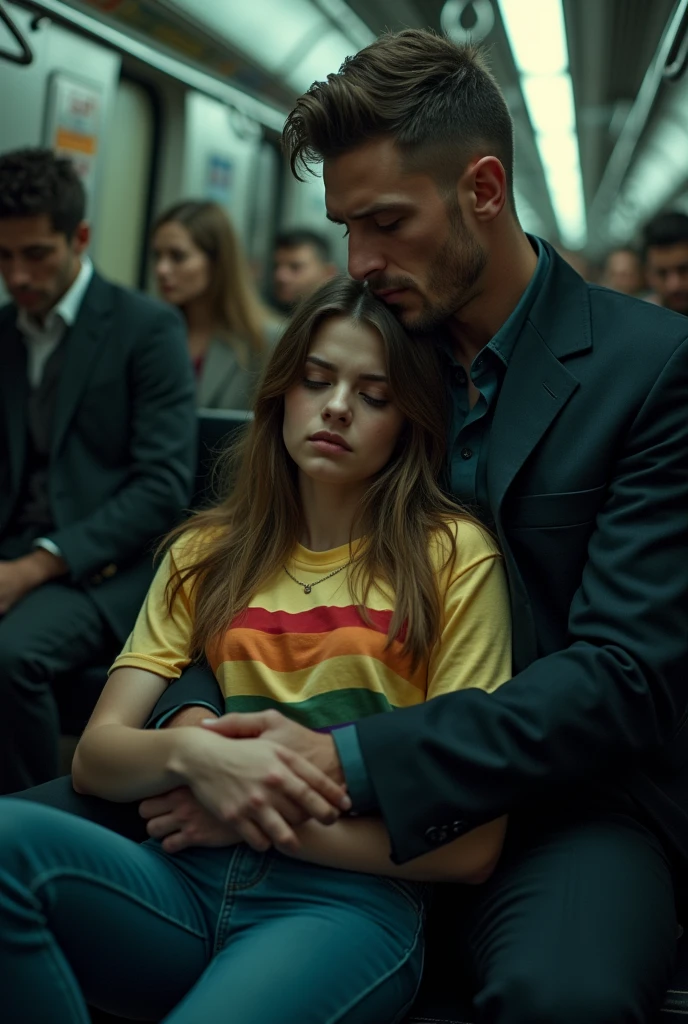 a 20 year old sad female wearing lgbt shirt lap sitting a suited fit masculine beautiful male in the subway