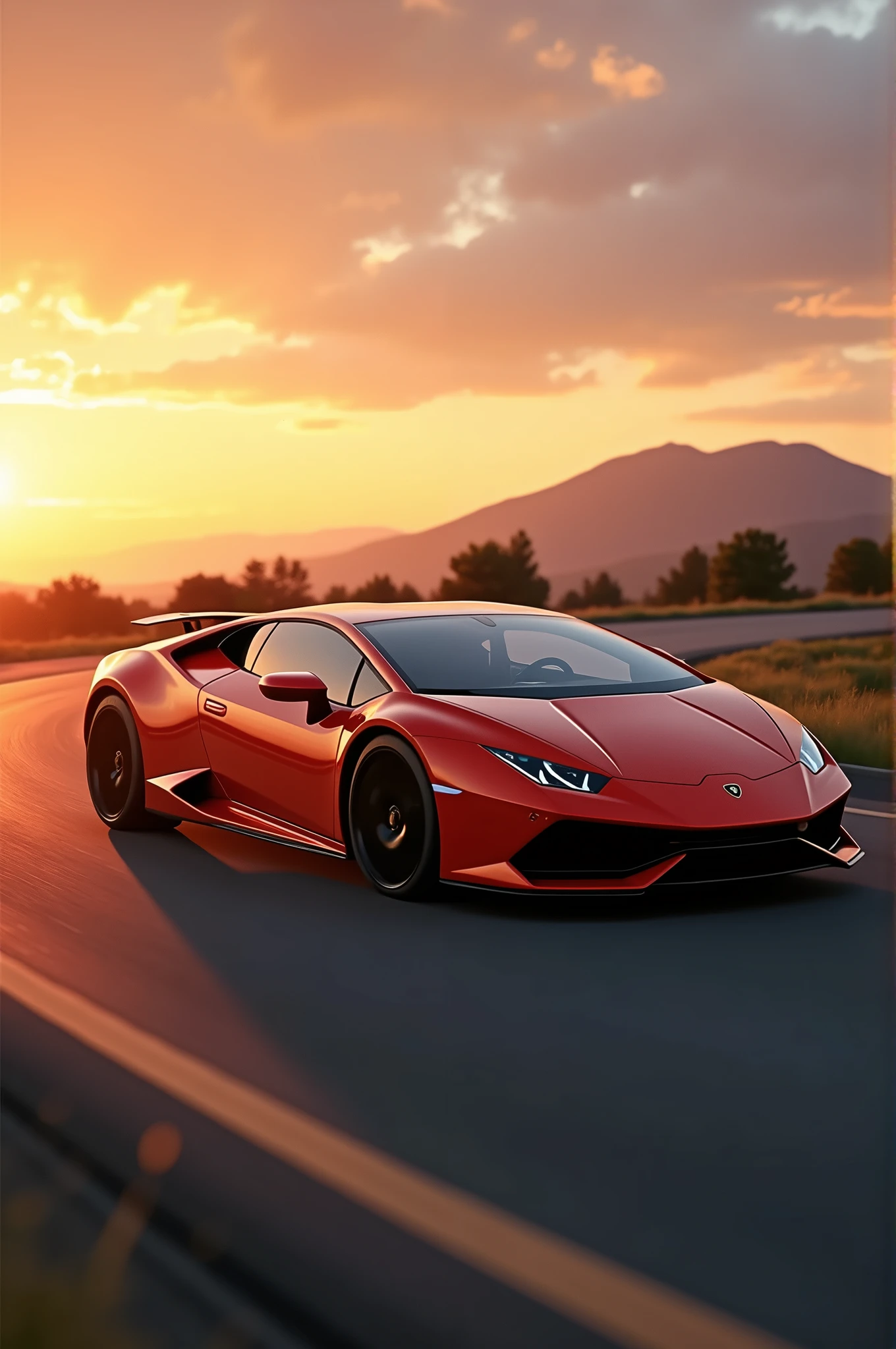 photo of a Lamborghini huracan ,8k uhd,high quality,road,sunset,motion blur,depth blur,cinematic,filmic image 4k,8k with The image should be [ultra-realistic],with [high-resolution] captured in [natural light]. The lighting should create [soft shadows] and showcase the [raw] and [vibrant colors],