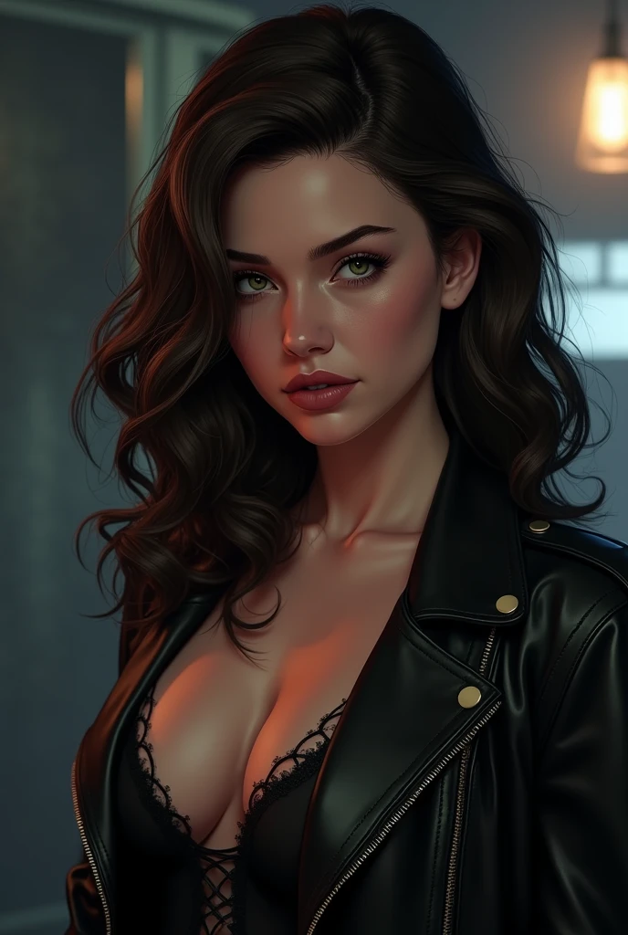 create the illustration in the digital illustration style inspired by the GTA V loading screens of a young woman who looks 1, very dark brown wavy hair, large divided sideways, very white skin and slightly pink cheeks and light green eyes, wearing leather jacket, your fatal and sexy and serious look, Her sexy expression, low lighting. thriller atmosphere. Dark music room background